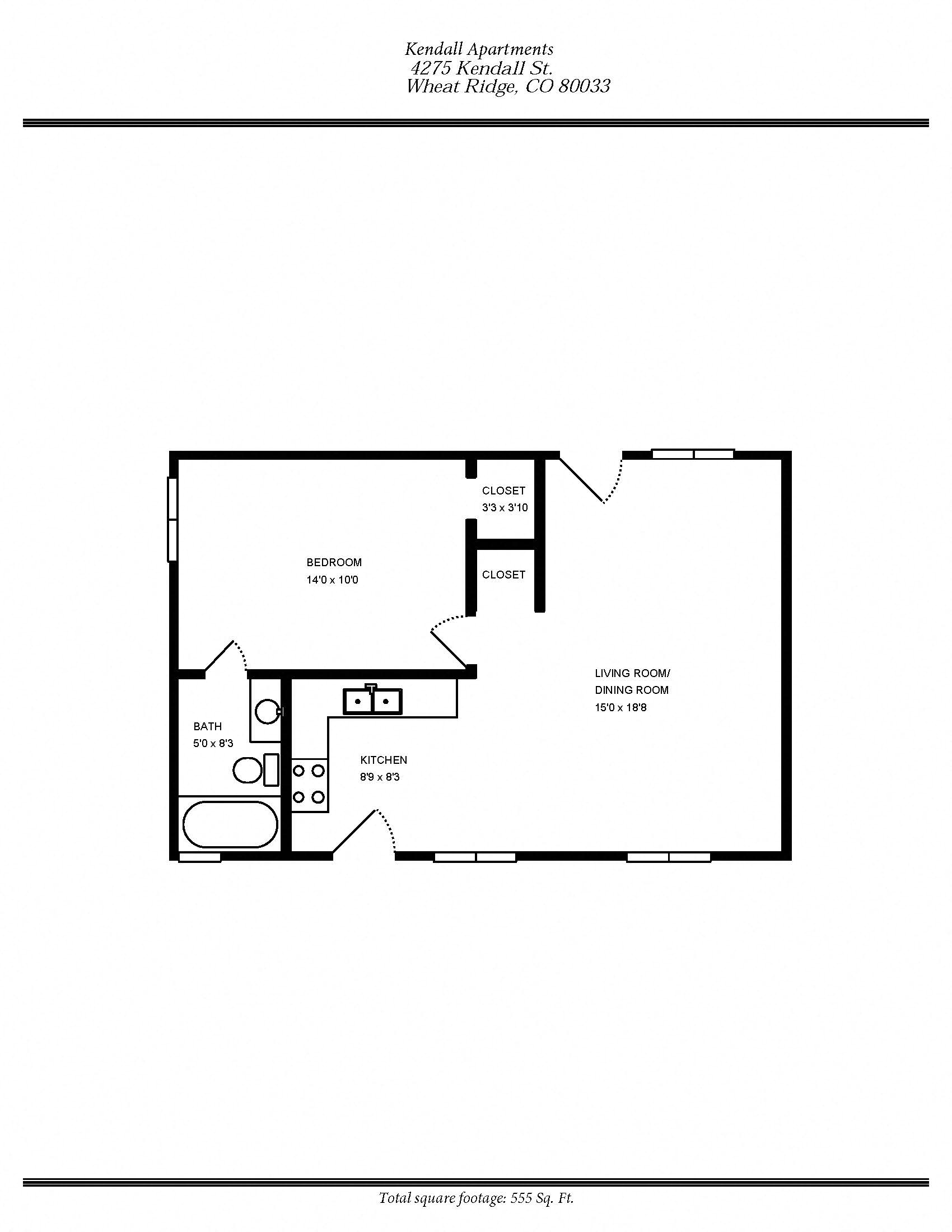 Floor plan for 1 bed, 1 bath, 555 sqft